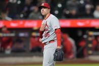St. Louis Cardinals' Ryan Helsley gestures after the team's win in a baseball game against the New York Mets, Friday, April 26, 2024, in New York. (AP Photo/Frank Franklin II)