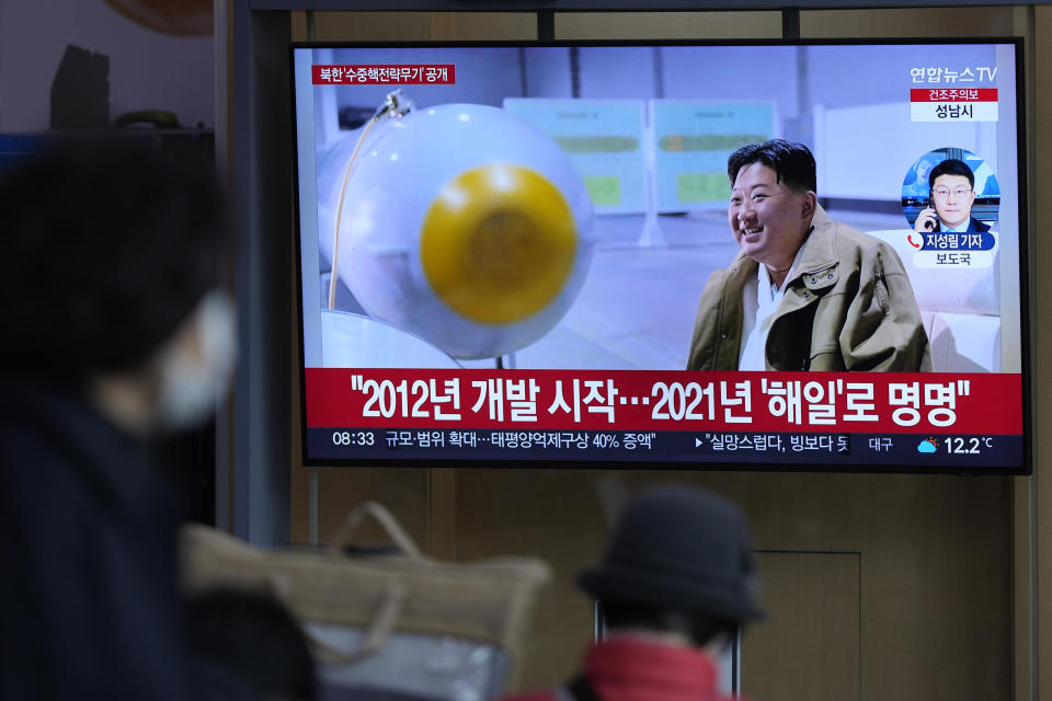 A TV screen shows an image of North Korean leader Kim Jong Un during a news program at the Seoul Railway Station in Seoul, South Korea, March 24, 2023. North Korea said it had tested an underwater drone capable of unleashing a 