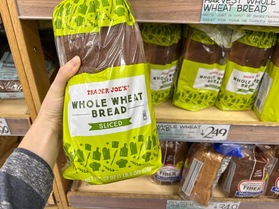 A loaf of whole wheat bread from Trader Joe's.