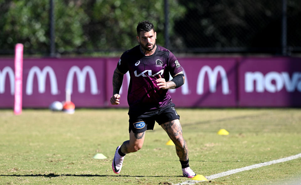 BRISBANE, AUSTRALIA - JUNE 11: Adam Reynolds is seen running through a training drill during a Brisbane Broncos NRL training session at Clive Berghofer Field on June 11, 2024 in Brisbane, Australia. (Photo by Bradley Kanaris/Getty Images)