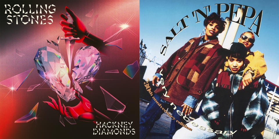 This combination of images shows album art for "Hackney Diamonds" by The Rolling Stones, left, and "Very Necessary (30th Anniversary Edition)" by Salt-N-Pepa. (Universal Music Group via AP)