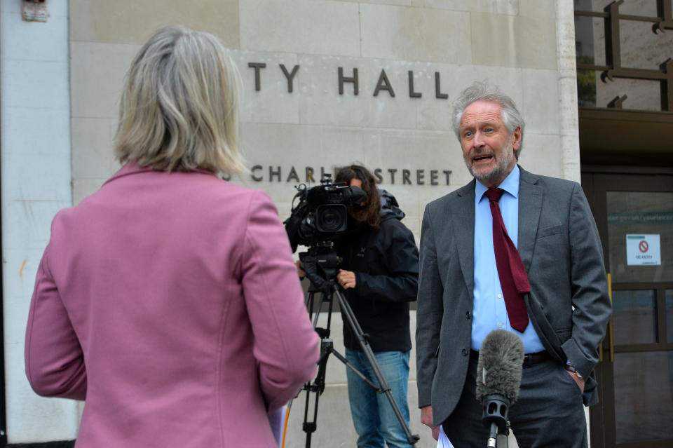 Leicester City Mayor Sir Peter Soulsby speaks to the media in Leicester City Centre as speculation grows about a localised lockdown in Leicester