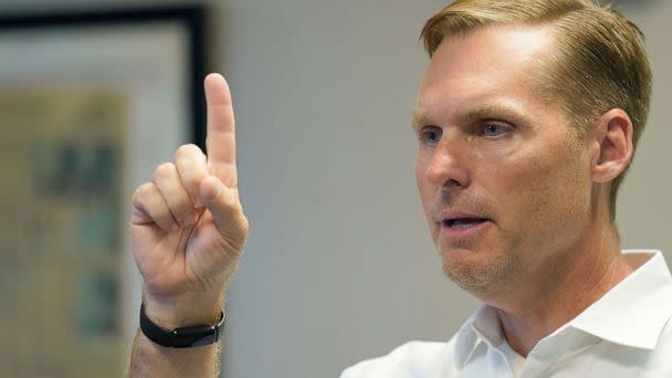 PHOTO: Rep. Michael Guest speaks before a gathering of potential voters in Magee, Miss., June 16, 2022. (Rogelio V. Solis/AP)