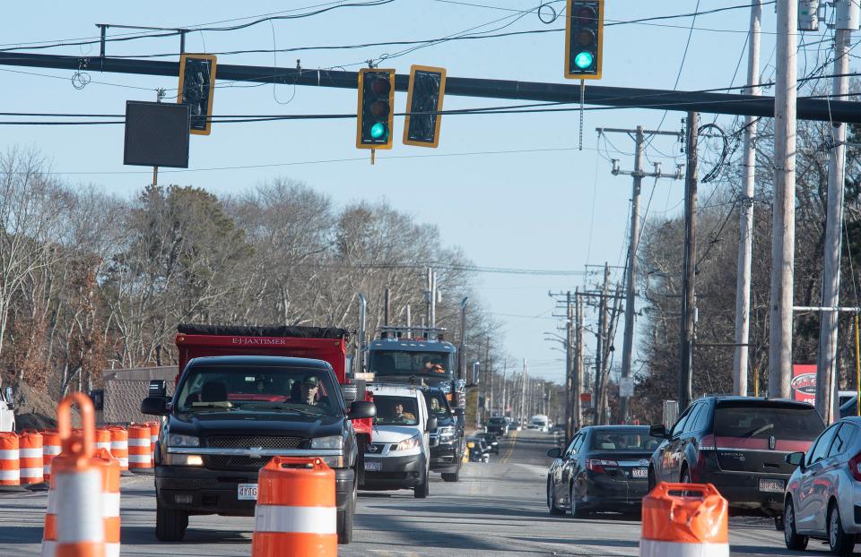 The completion date for the $18 million intersection upgrade at Route 28 and Yarmouth Road in Hyannis has been extended to the spring of 2026, according to the state Department of Transportation. Morning traffic on Thursday navigated a temporary path around construction cones as work continued on the intersection, among the busiest on Cape Cod.