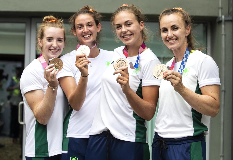 Emily Hegarty, Fiona Murtagh, Eimear Lambe and Aifric Keogh with their bronze medals (Damien Eagers/PA) (PA Wire)