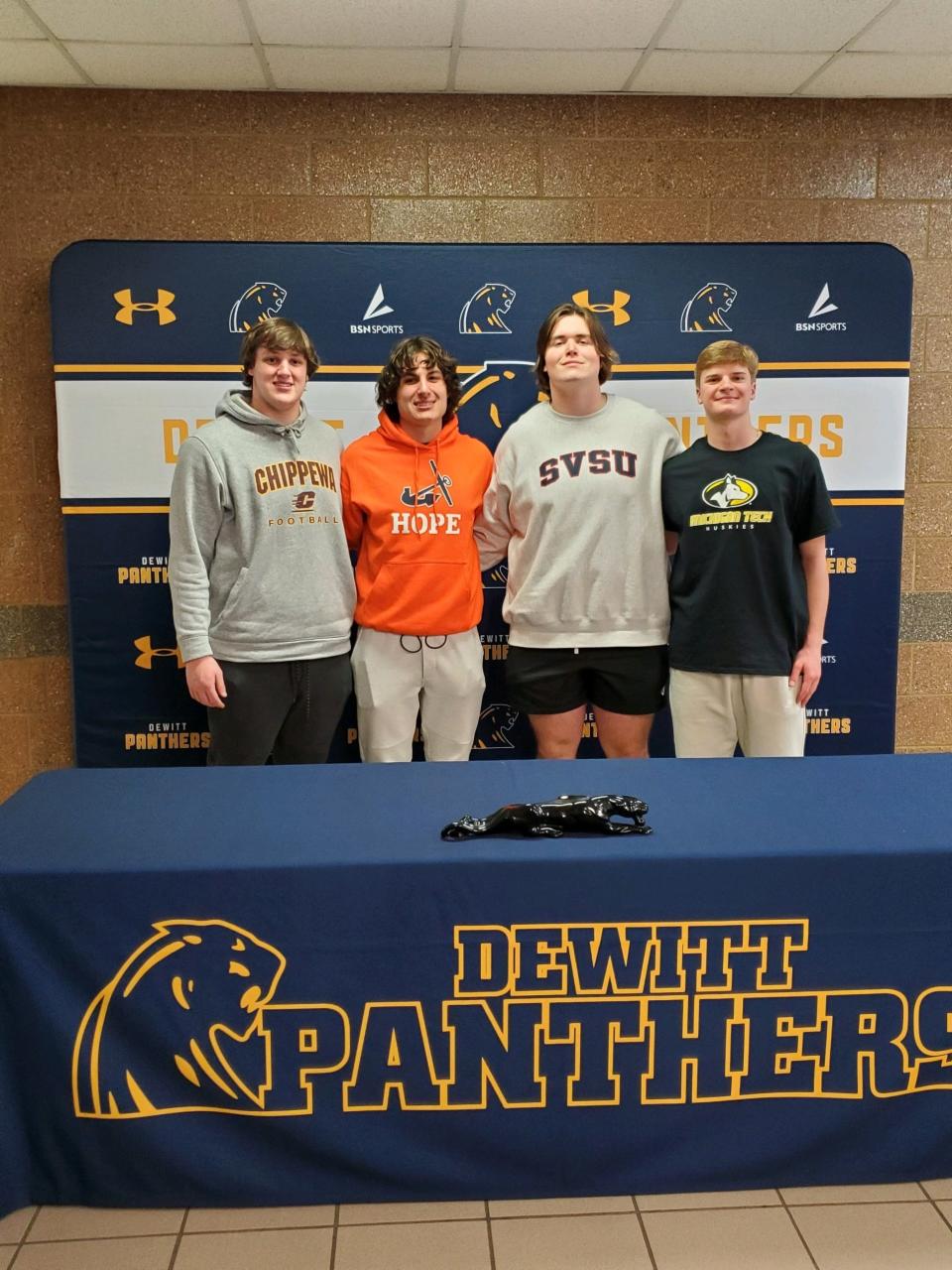 From left to right, DeWitt's Matthew Nehf, Brandon Soltis, Broden Schafer and Bryce Kurncz are slated to play college football.