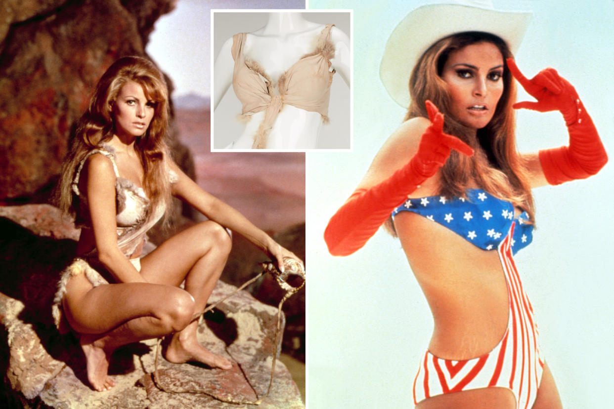 A composite photo of Raquel Welch wearing a suede-and-faux fur bikini and another photo of her donning a Star Spangled Banner bikini