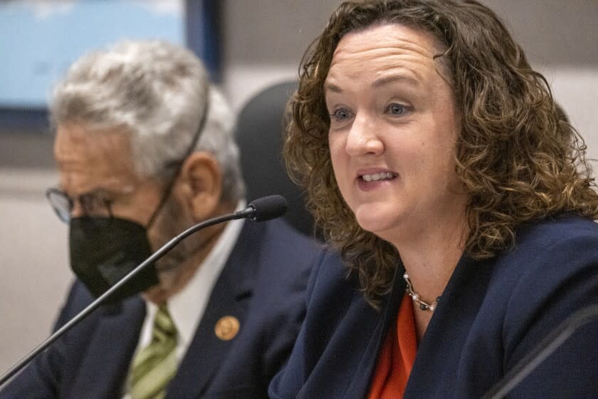 IRVINE, CA - OCTOBER 18: Rep. Katie Porter pariciaptes in a joint hearing by the House National Resources Subcommittee on Oversight and Investigations and the House Natural Resources Subcommittee on Energy and Mineral Resources to investigate the immediate effects of the Orange County oil spil at the Irvine Ranch Water District on Monday, Oct. 18, 2021 in Irvine, CA. (Francine Orr / Los Angeles Times)