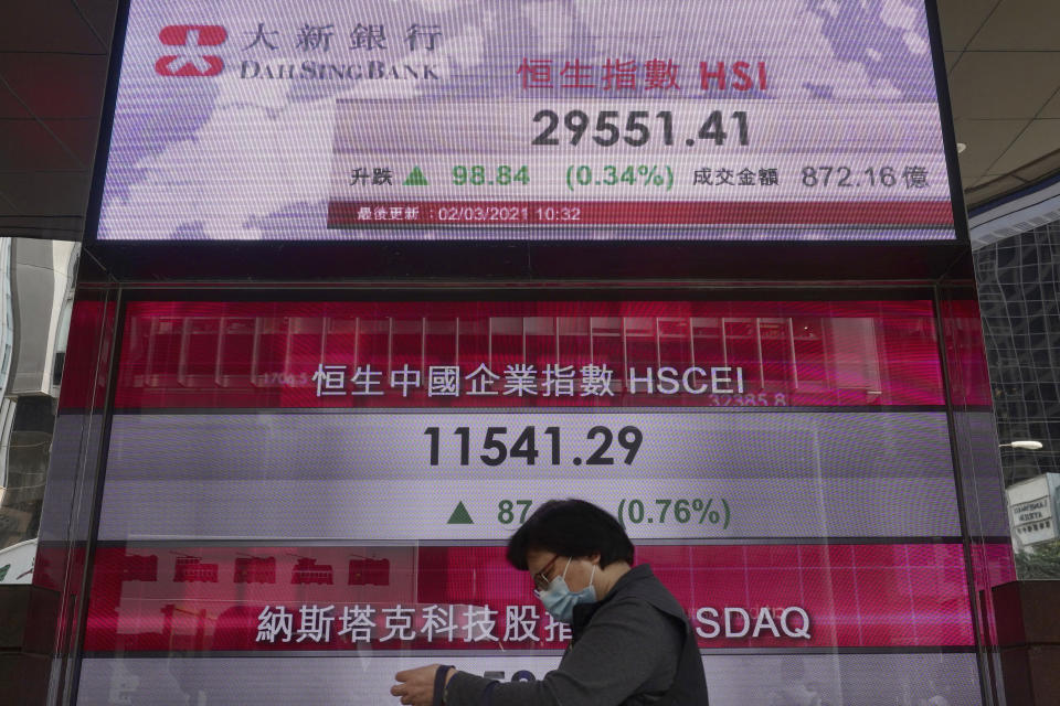 A man walks past a bank's electronic board showing the Hong Kong share index at Hong Kong Stock Exchange in Hong Kong Tuesday, March 2, 2021. Asian stock markets were mixed Tuesday after Wall Street rose as investor concern about possible higher interest rates receded. (AP Photo/Vincent Yu)