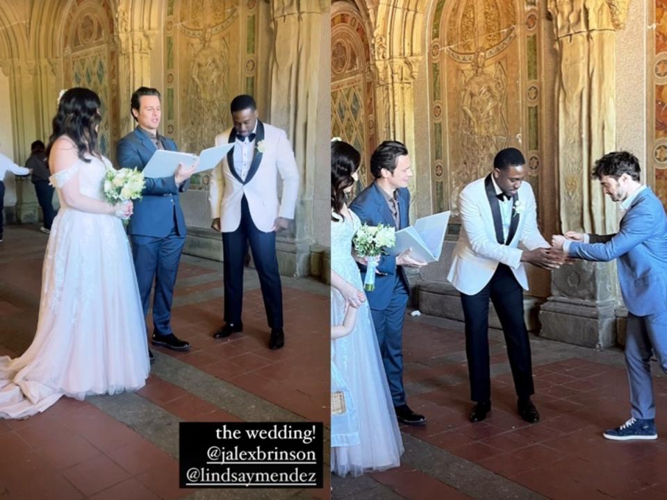 Jonathan Groff and Daniel Radcliffe serve as wedding officiant and ring bearer, respectively, at  Merrily We Roll Along co-star Lindsay Mendez’s NYC wedding (Instagram / @dyandraraye)