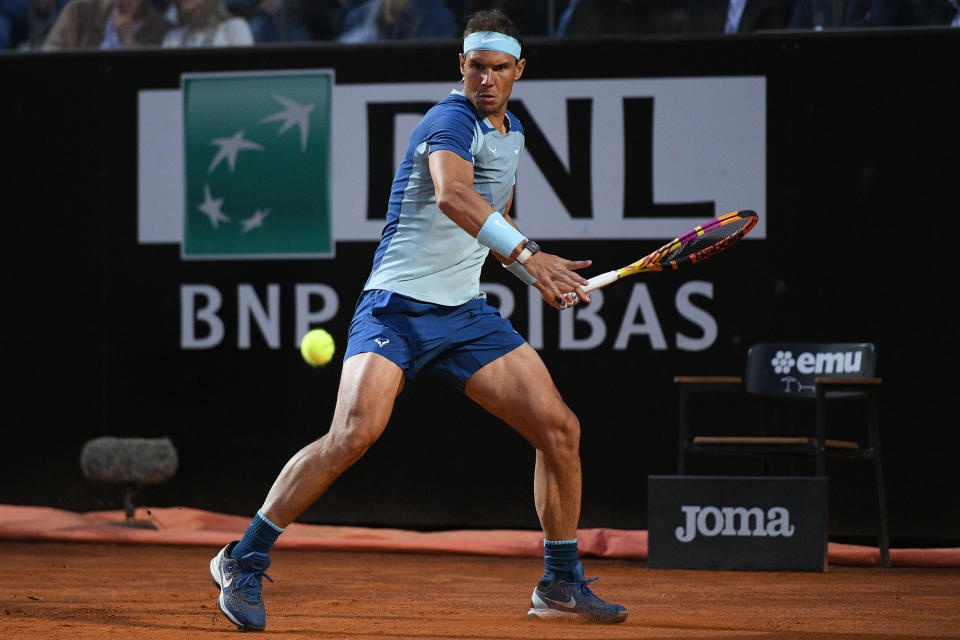 Rafael Nadal in action during the Internazionali BNL D'Italia 2022 match between Rafael Nadal and Denis Shapovalov - Day Five on May 12, 2022 at Foro Italico in Rome, Italy. 


 (Photo by Giuseppe Maffia/NurPhoto via Getty Images)