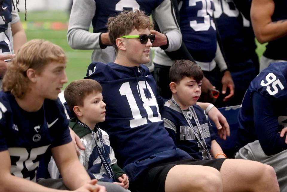 Penn State football’s Joey Schlaffer sits with Four Diamond families on Saturday, Feb. 17, 2024 in Holuba Hall.  