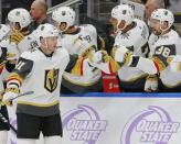 Nov 18, 2018; Edmonton, Alberta, CAN; Vegas Golden Knights forward Jonathan Marchessault (81) celebrates a third period goal against the Edmonton Oilers at Rogers Place. Mandatory Credit: Perry Nelson-USA TODAY Sports