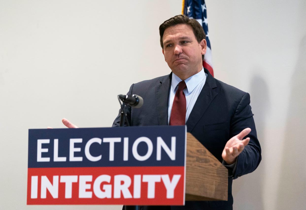 Florida Governor Ron DeSantis speaks at a news conference at the Hilton Palm Beach Airport hotel in West Palm Beach, Florida on November 3, 2021. 
