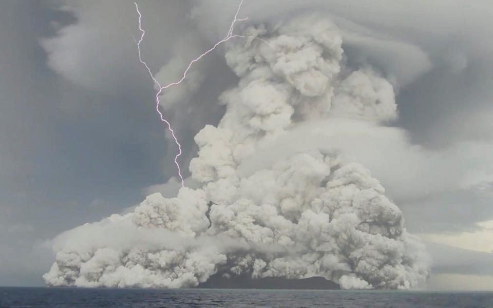 An eruption occurs at the underwater volcano Hunga Tonga-Hunga Ha'apai off Tonga - Tonga Geological Services/Reuters