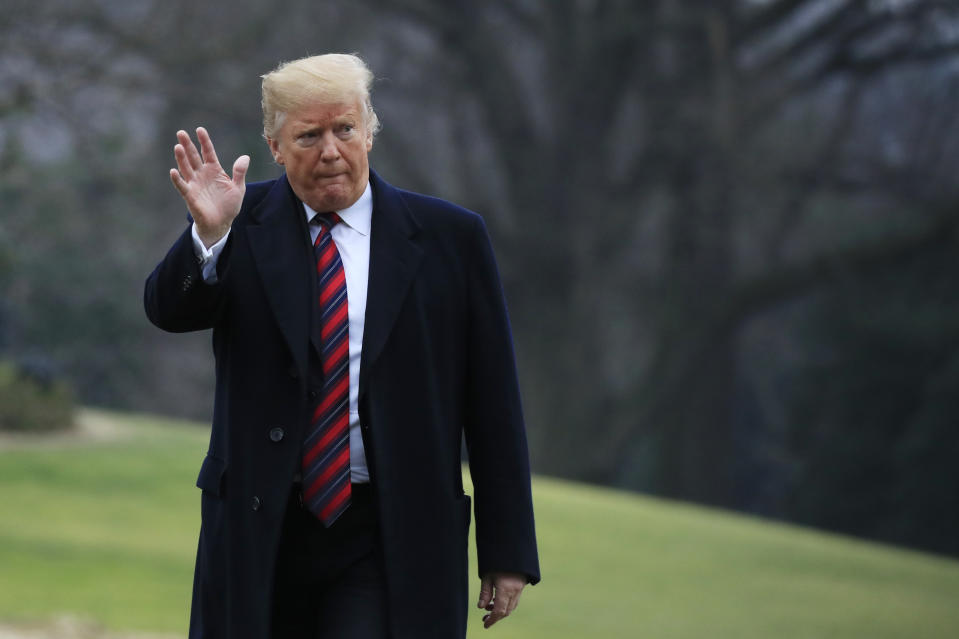 President Donald Trump walks on the South Lawn upon arrival at the White House in Washington, Saturday, Jan. 19, 2019, after attending the casualty return at Dover Air Force Base, Del., for the four Americans killed in a suicide bomb attack in Syria.. (AP Photo/Manuel Balce Ceneta)