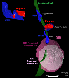 Significant oxide mineralization located along a regional fault that runs near the west side of the Rosemont, Bolsa and Broad Top Butte deposits known as the Backbone Fault.