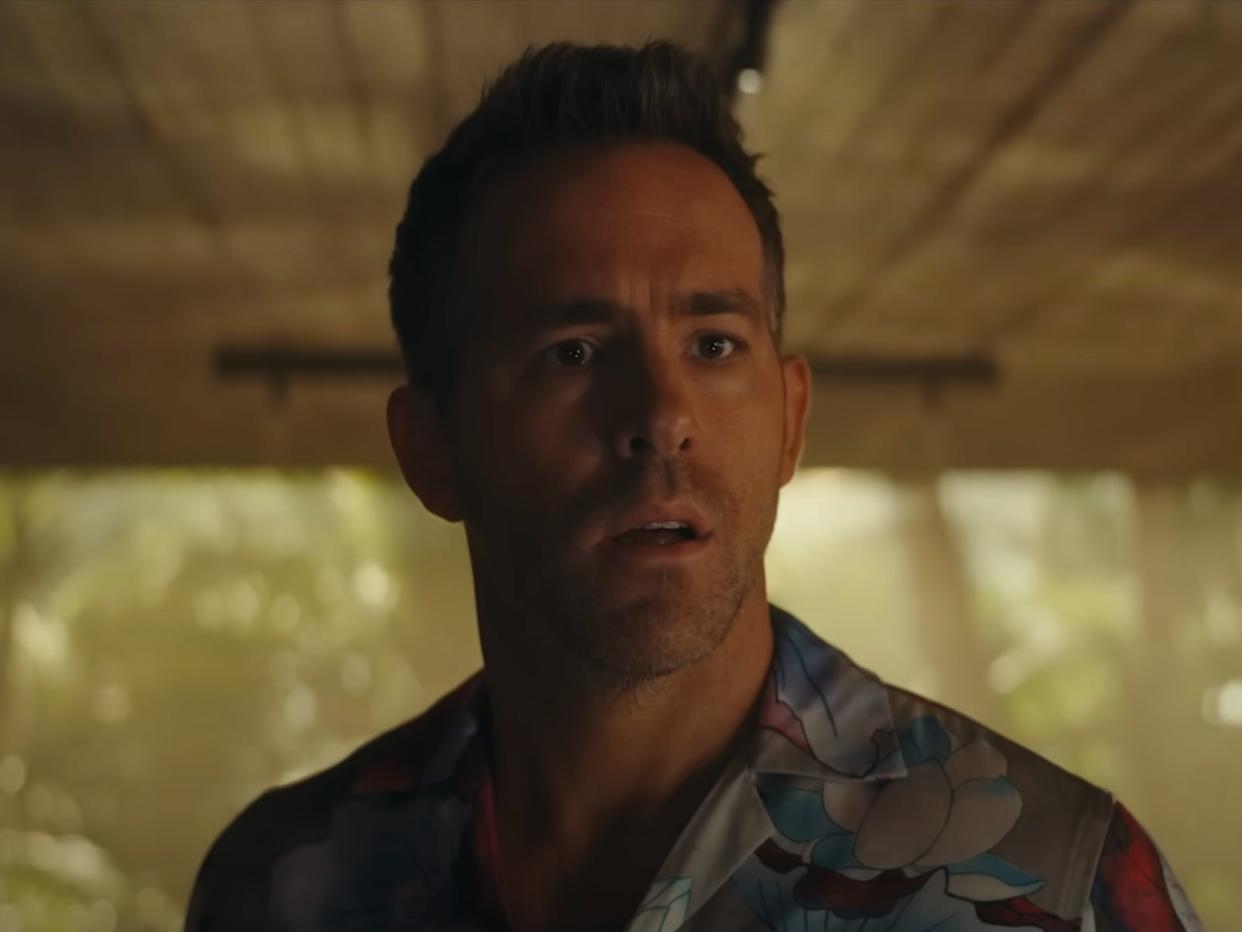 A closeup shot of Ryan Reynolds in "Red Notice."