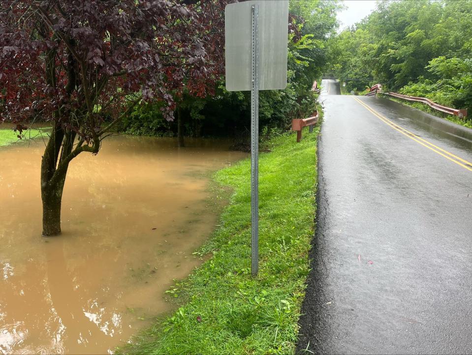 Flood waters covered the ground off of Mt. Eyre Road in Upper Makefield on Sunday July 16, 2023 after storms dumped up to six inches of rain in a matter of two to three hours in the area.