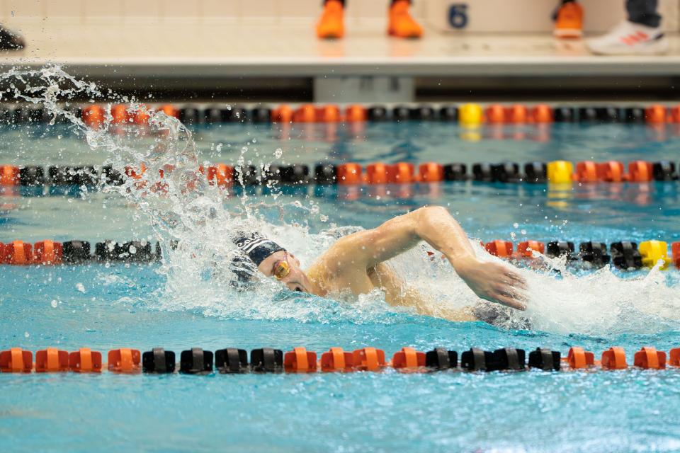 New Oxford’s Liam Rosenbach competes in the 200 Yard Freestyle at the Dick Guyer YAIAA Swimming & Diving Championship on Friday, February 9, 2024. Liam Rosenbach placed 1st with a time of 1:48.72.