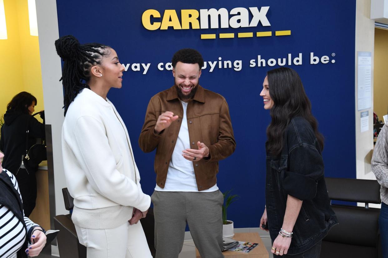 From left: Candace Parker, Steph Curry, and Sue Bird filming their latest CarMax commercials.