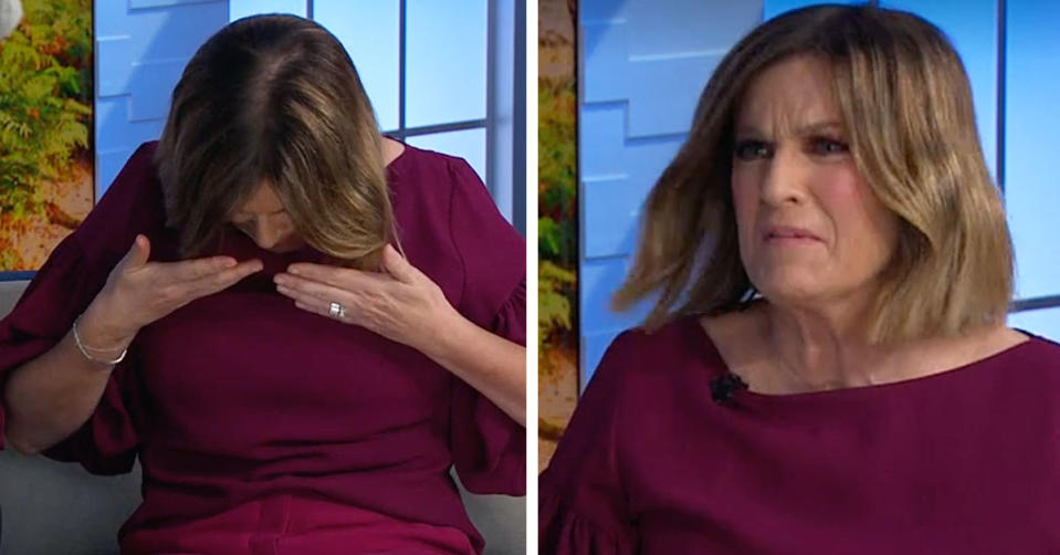 L: The Morning Show host Kylie Gillies smelling her hands. R: Kylie Gillies making a shocked face