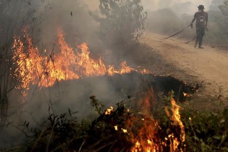 An Indonesian soldier drags a hose while fighting a peatland fire in Ogan Ilir, South Sumatra province on the island of Sumatra September 30, 2015 in this photo taken by Antara Foto. REUTERS/Nova Wahyudi/Antara Foto