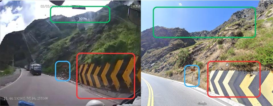 <span>Screenshot comparison between the video (left) and Google Maps imagery of the highway (right), with similarities highlighted by AFP</span>