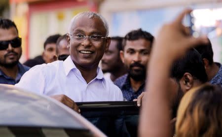 Maldivian president-elect Ibrahim Mohamed Solih arrives at an event with supporters in Male, Maldives September 24, 2018. REUTERS/Ashwa Faheem/Files