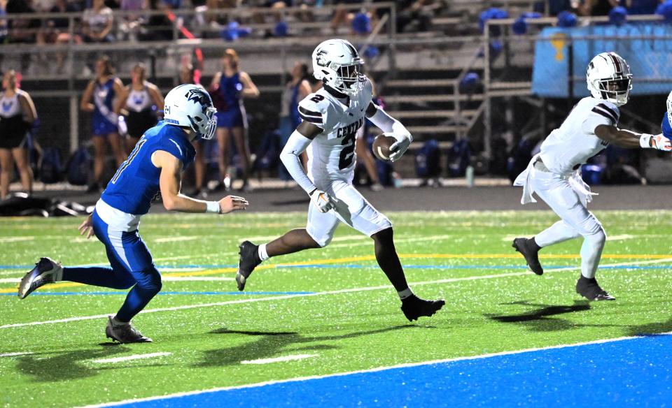 Palm Beach Central's Nedrick Boldin scores a touchdown against Wellington in the Wellington Cup on Oct. 27, 2023.