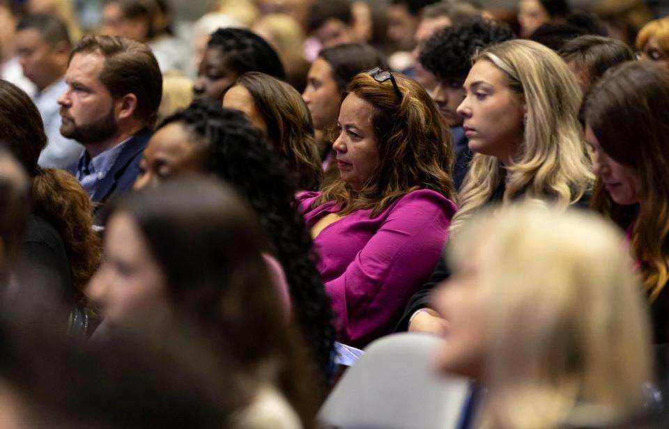 Attendees listen to U.S. Rep. Debbie Wasserman Schultz, D-Fla., speak during the Cancer Survivorship Summit at Nova Southeastern University on Monday, Oct. 16, 2023, in Davie, Fla.