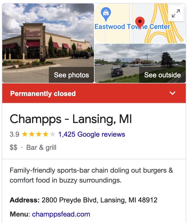 Champps Kitchen + Bar in Lansing Township has closed, according to information found online.