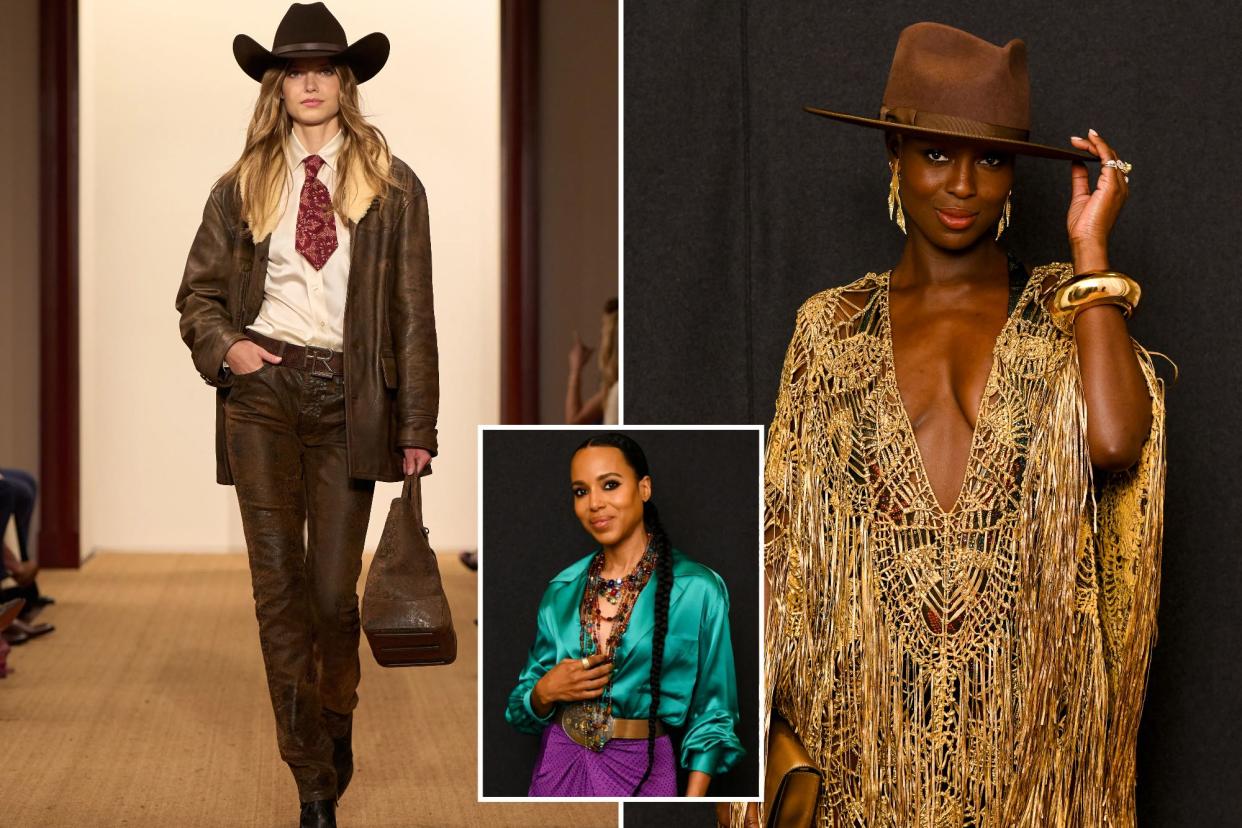 Collage of a Ralph Lauren cowgirl and attendees Kerry Washington (center) and Jodie Turner-Smith (right).