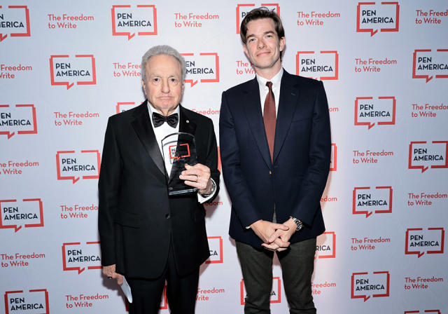 Honoree Lorne Michaels and John Mulaney pose backstage during the 2023 PEN America Literary Gala at American Museum of Natural History on May 18, 2023 in New York City.