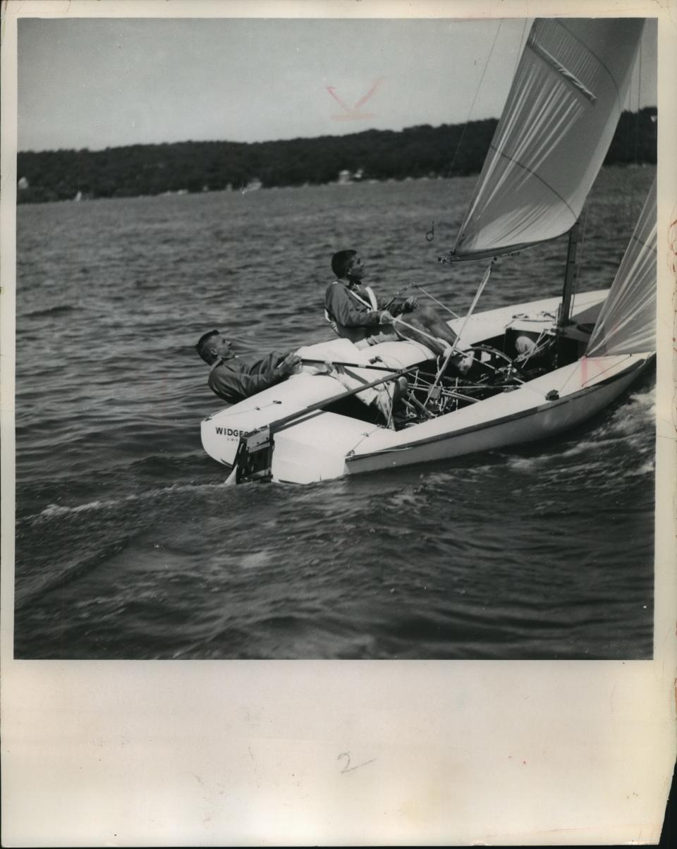 Bud Melges and Bill Bentsen practice in a Flying Dutchman on Lake Geneva in an undated photo. The pair won 1964 bronze medals in the Flying Dutchman class at the 1964 Olympics, gold medals in the class at the 1968 Pan American Games, and gold medals in the 1972 Olympics in the Soling class.