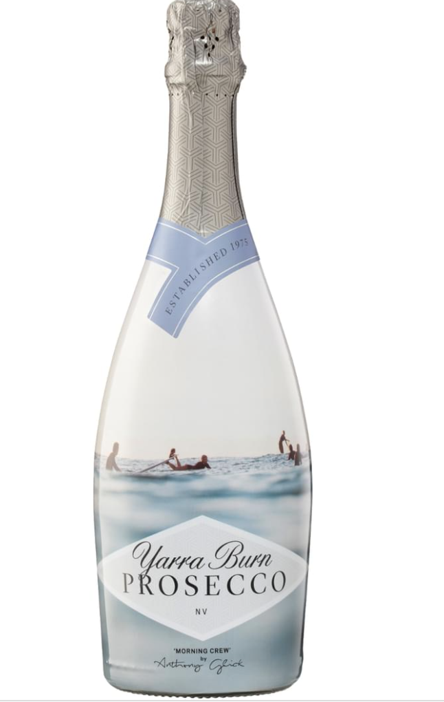 A white and blue bottle of Yarra Burn Prosecco Summer Edition showing graphics of people enjoying the water.