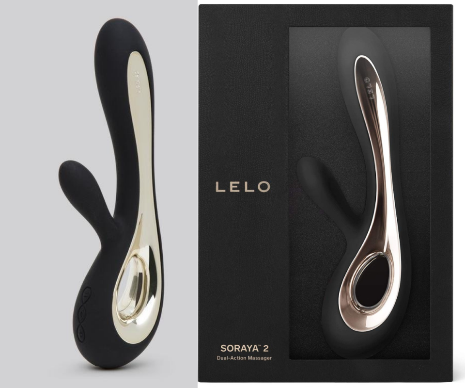 Two side by side images of a black silicone vibrator with a gold front, with the left on a grey background and the right in a a black box. 