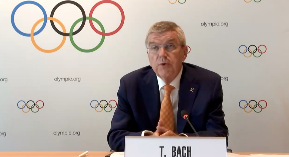 IOC president Thomas Bach speaks to reporters during a teleconference about the Tokyo 2020 Games in Lausanne