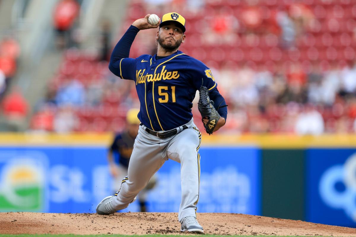 St. Louis, United States. 18th Sep, 2023. Milwaukee Brewers starting  pitcher Freddy Peralta delivers a pitch to the St. Louis Cardinals in the  first inning at Busch Stadium in St. Louis on