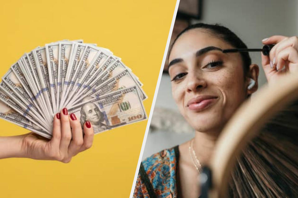 A person holds $100 bills, a woman looks in the mirror and applies mascara