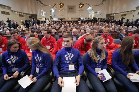 Russian athletes attend a meeting on the country's participation at the 2018 Pyeongchang Winter Olympics, at the Russian Olympic Committee (ROC) in Moscow, Russia December 12, 2017. REUTERS/Maxim Shemetov