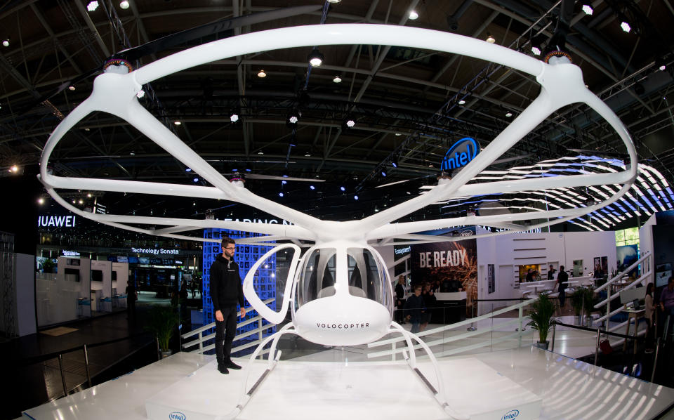 A passenger drone Volocopter 2x is on display at the booth of Intel at the Cebit technology fair in Hanover on June 11, 2018. - The Digital Business fair CEBIT in Hanover runs from June 11 until June 15, 2018. (Photo by Julian Stratenschulte / dpa / AFP) / Germany OUT (Photo credit should read JULIAN STRATENSCHULTE/DPA/AFP via Getty Images)