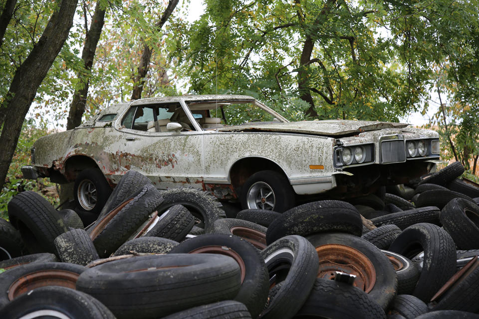 <p>The third generation of Mercury Cougar (1974 to 1976) was a strong seller, and while it didn’t come close to the original car’s success, it consistently sold 50% more than the second generation. The model line was slimmed down to just the two-door coupe, with the convertible being dropped, and everything now being offered with XR-7 trim as standard. This example, perched precariously on a pile of tires, is one of <strong>91,670</strong> sold in 1974. </p>