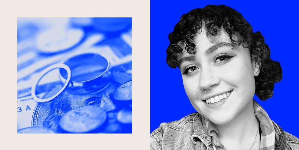 A side-by-side composite featuring a close-up shot of wedding rings surrounded by money and headshot of the author, Tessa Campbell