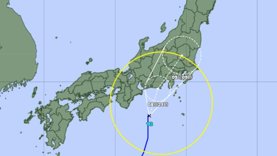 鴛鴦颱風預計8日下午登陸，可能貫穿關東至東北地區。（圖／翻攝自氣象廳網站）