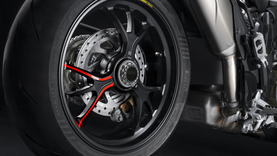 The forged-aluminum rear Marchesini wheel on the Ducati Multistrada V4 RS.