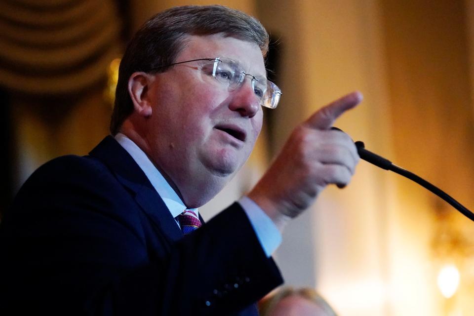 Republican Mississippi Gov. Tate Reeves addresses supporters in Jackson, after winning the party primary, Aug. 8, 2023.