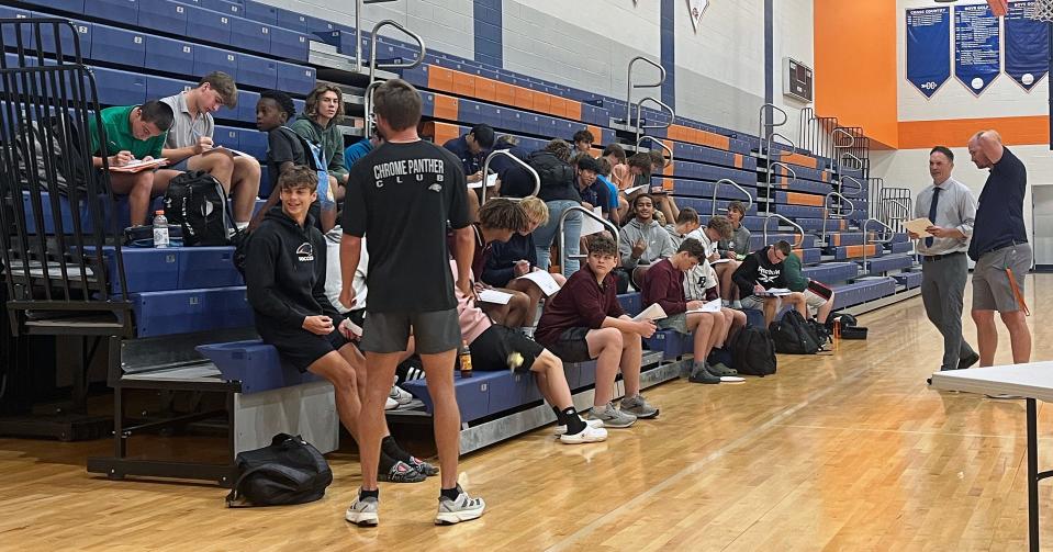 New Bradenton Christian School football coach John Warren meets with Panthers players and prospective players after he was announced as coach Tuesday, April 11, 2023.