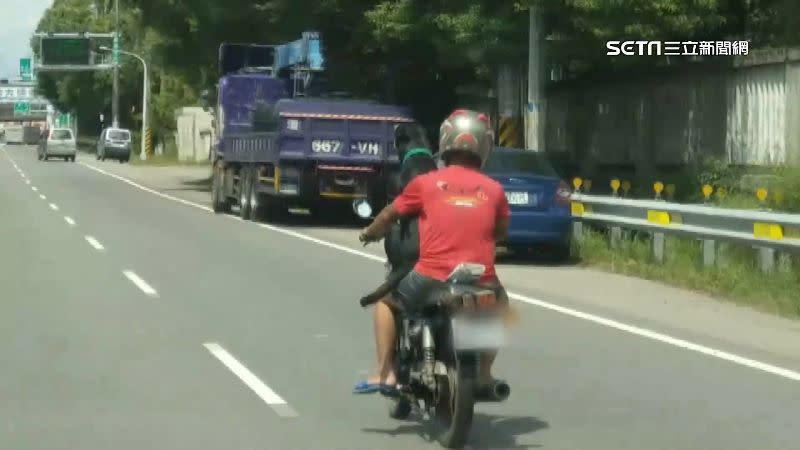 民眾直擊男子騎著檔車，一隻大黑狗側坐在的腿上雙腿跨在油箱。