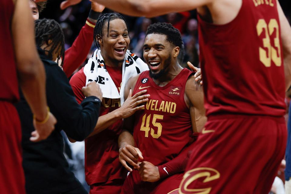 Cleveland Cavaliers guard Donovan Mitchell (45) celebrates with teammates after making a basket during the second half against the Chicago Bulls on Jan. 2.